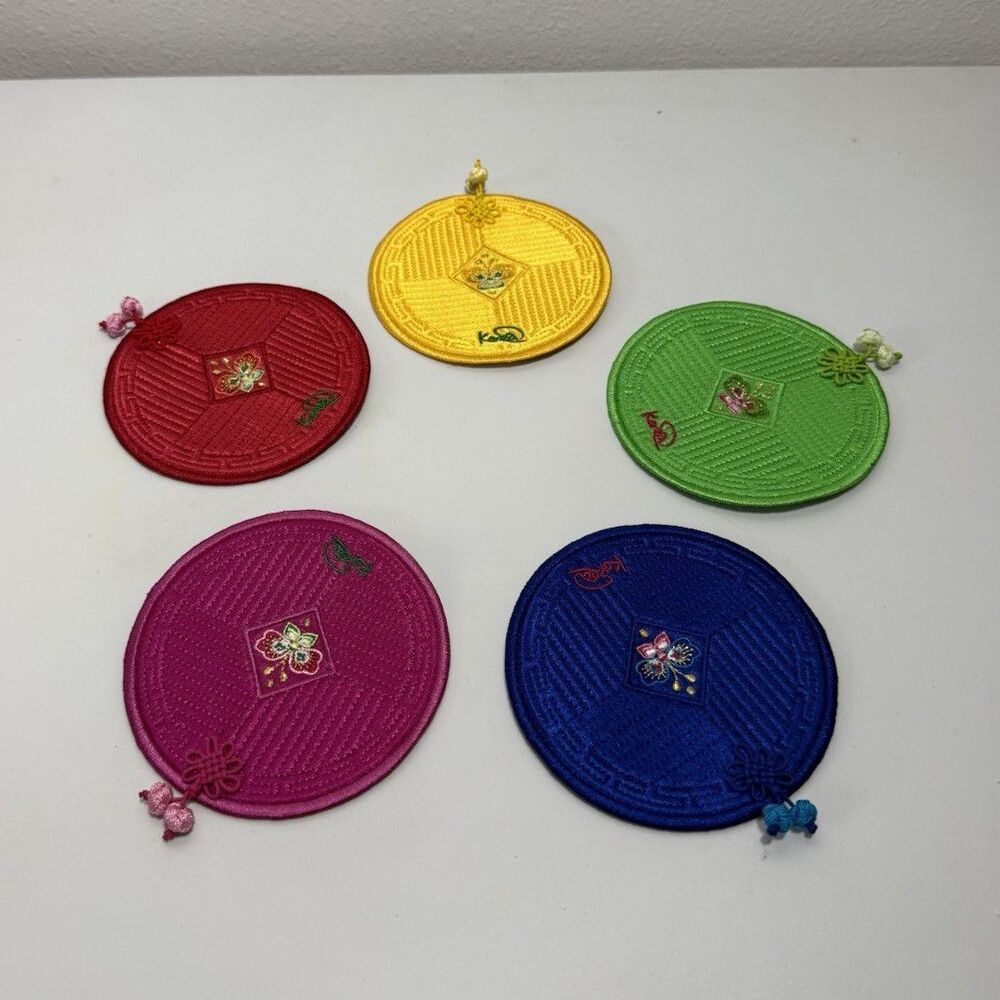 Korean Silk Embroidered Coasters Set of 5 Floral Traditional Decor